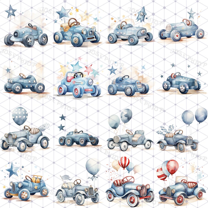 Op de afbeelding: Een set van 12 aquarel illustraties van blauwe speelgoedauto's met verschillende decoraties, waaronder sterren, ballonnen en vlaggen. De auto's staan op een witte achtergrond met een subtiel rasterpatroon.