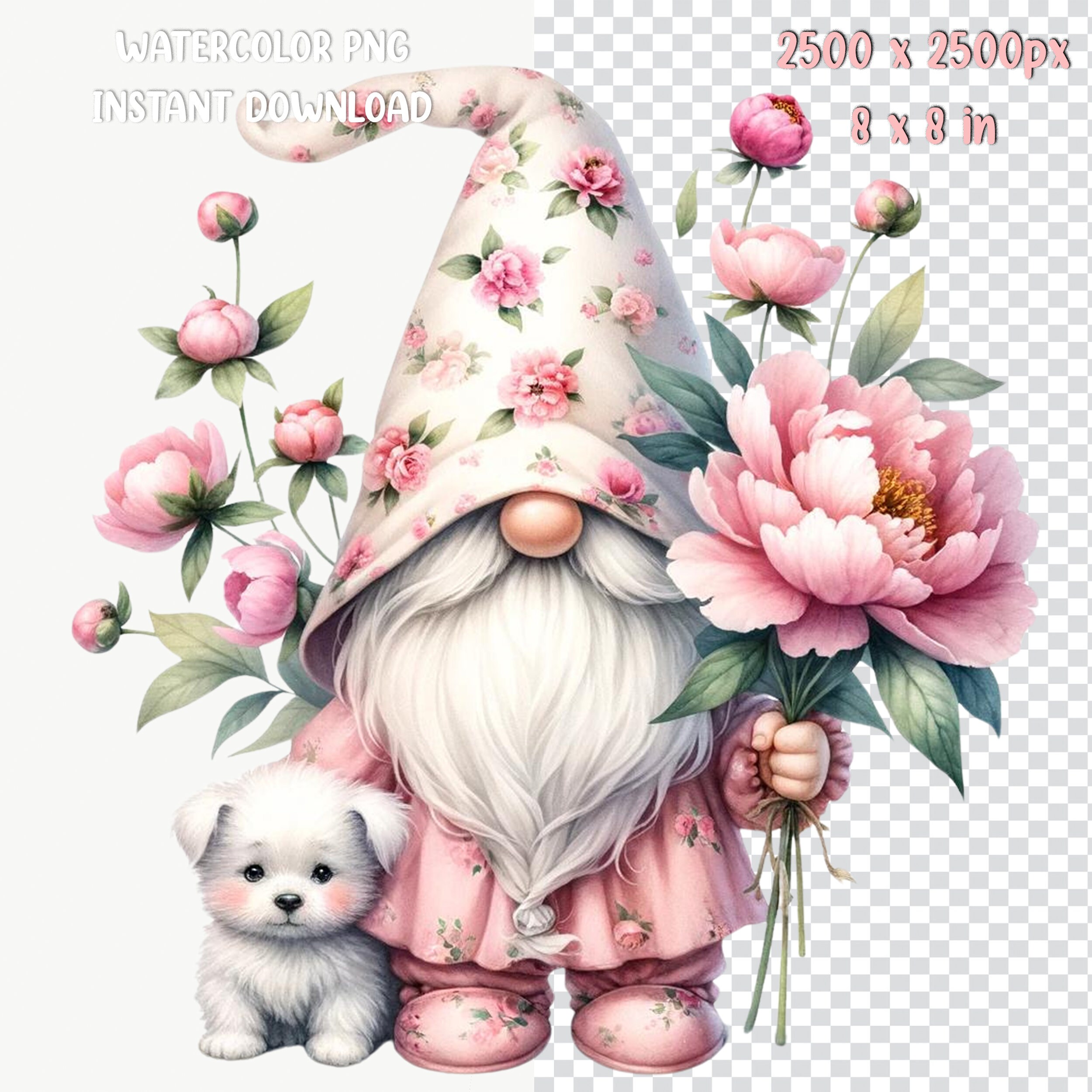 Watercolor Peony Gnomes Clipart Bundle: Spring Garden Designs (digital ...