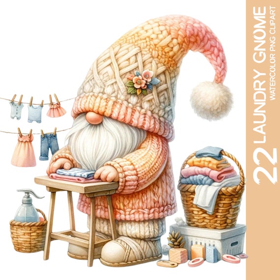 Watercolor Laundry Gnome Clipart Bundle: Housekeeping PNG Designs