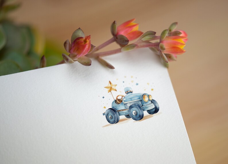Op de afbeelding: Een aquarel-illustratie van een blauwe speelgoedauto met een gouden ster erop. De auto is omringd door kleine gouden sterren.