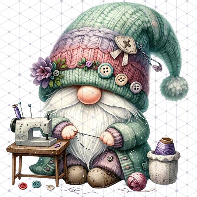 May include: A green and pink gnome with a knitted hat and beard is sitting at a table with a sewing machine and thread. The gnome is holding a needle and thread in its hands. There are spools of thread and buttons on the table.