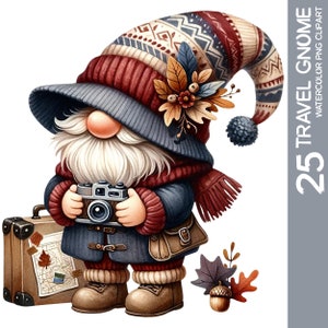 Lot de 25 charmants gnomes de voyage aquarelles : Adorable nain avec carte, appareil photo, parfait pour les voyageurs PNG, art mural sublimation