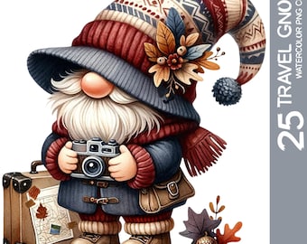 Watercolor Travel Gnome Clipart Bundle: Adventurer PNG Designs (Digital Download)