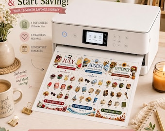 12-Month Seasonal Savings Challenge Bundle, Monthly Budget Tracker (PDF)