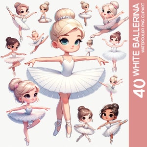 Incantevole set di clipart ad acquerello di ballerina bianca e lago dei cigni - uso commerciale, balletto PNG, download immediato