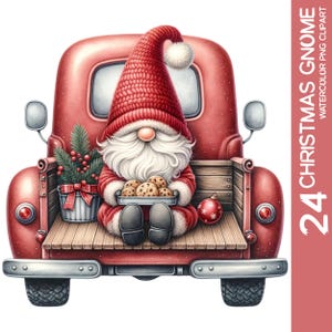 Paquete de 24 imágenes prediseñadas de gnomos de camiones navideños PNG, acuarela de gnomos festivos, gnomos de camiones rojos navideños, diseño de sublimación navideña, arte de pared