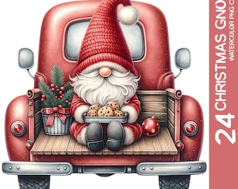 Christmas Gnome Clipart: Festive Red Truck Watercolor (PNG Bundle)