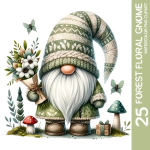 25 Encantadores gnomos del bosque en acuarela PNG - Gnomo de jardín floral, delicias de gnomos de flores silvestres del bosque, diseños de sublimación de primavera (2)