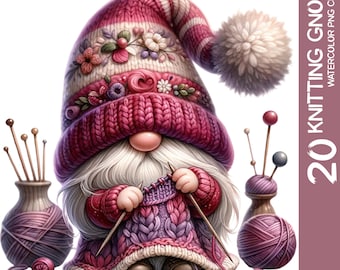 Watercolor Knitting Gnome Clipart Bundle: Crochet Theme (PNG)