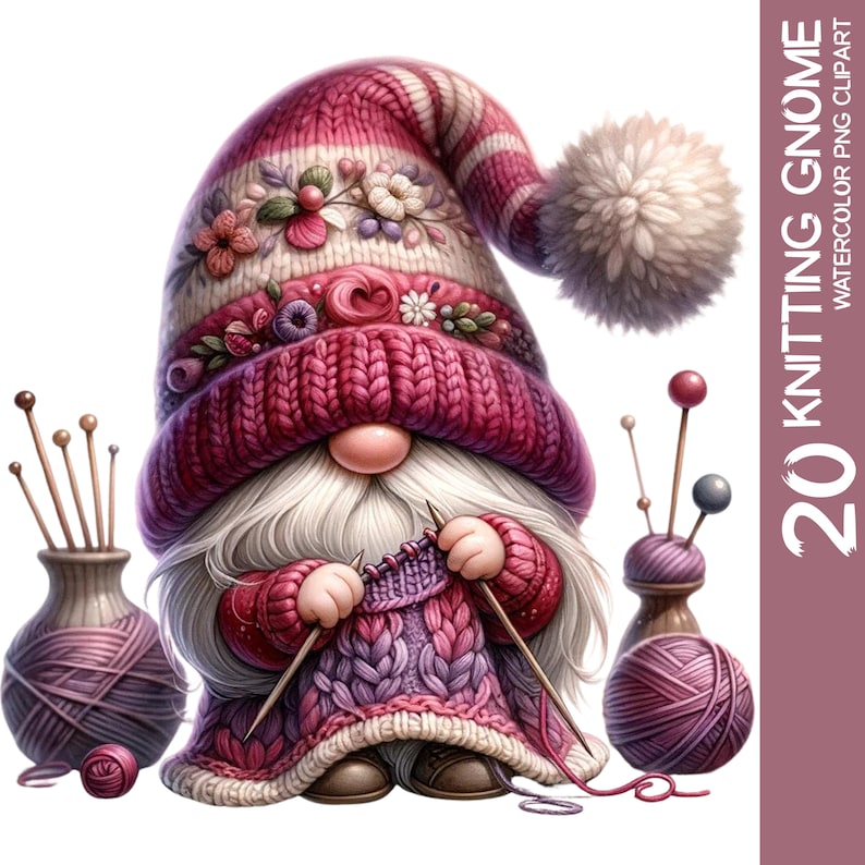 Charmants gnomes aquarelles avec tricot, ensemble de cliparts thème au crochet PNG, Gonk en laine confortable, art et décoration de chambre d'enfant, amateurs de gnomes 1 image 1