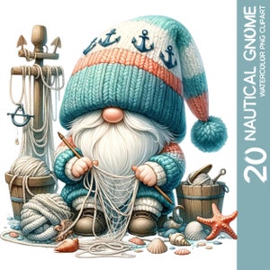 20 bundle di clipart incantati e stravaganti dello gnomo nautico - acquerello oceano marinaio gnomo vivaio, adesivo da parete PNG, design a sublimazione (1)