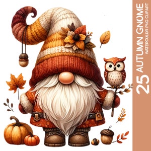 25 Paquete de imágenes prediseñadas de gnomo de otoño PNG, acuarela de gnomo de otoño, gnomo de calabaza de Acción de Gracias, diseño de sublimación de vacaciones de otoño, pegatina de arte de pared (2)