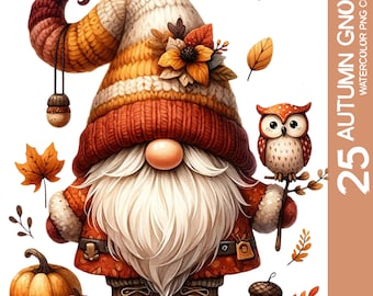 Fall Gnome Clipart Bundle: Watercolor Autumn Designs (PNG)