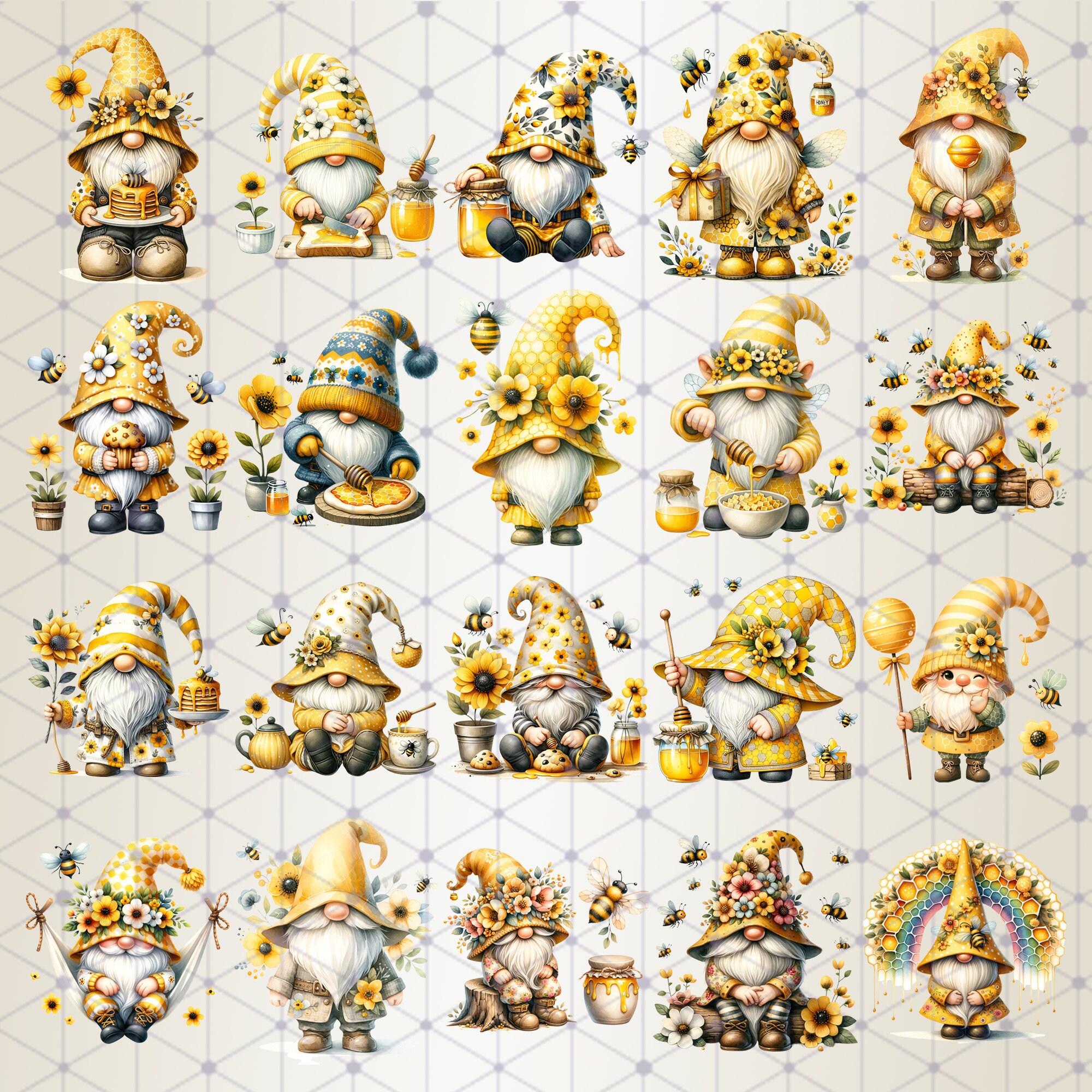 40 Flower Honey Bee Garden Gnome Clipart: Watercolor Flower Gnomes With ...