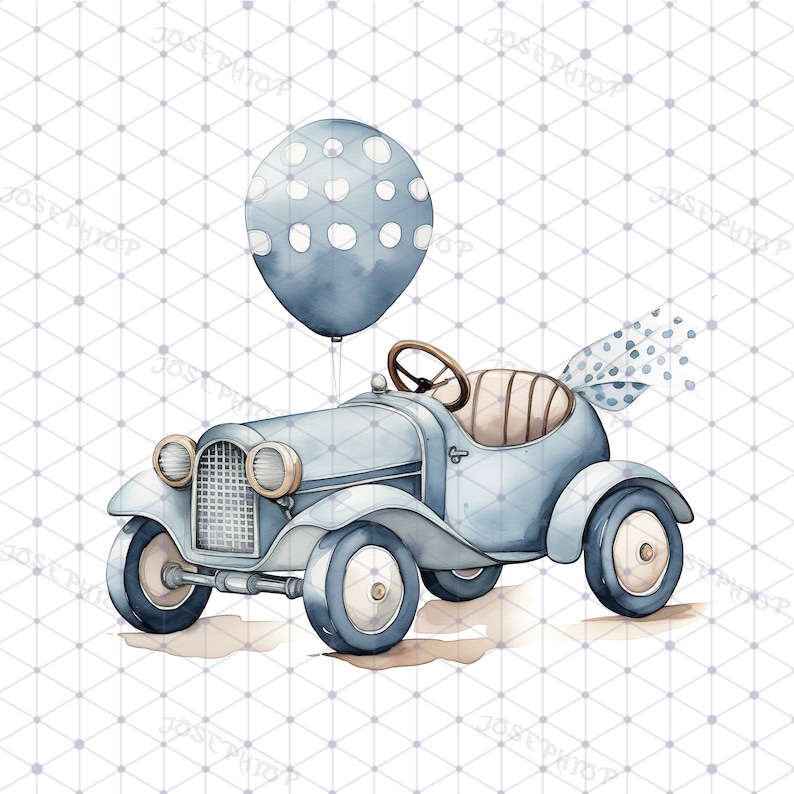 Op de afbeelding: Een blauwe speelgoedauto met een witte ballon met witte stippen die aan de achterkant is bevestigd. De auto heeft een bruin interieur en witte koplampen. De auto staat op een witte achtergrond met een rasterpatroon.