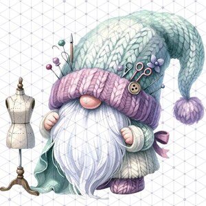 May include: A whimsical gnome wearing a knitted hat and a pink scarf, holding a sewing needle and thread. The gnome has a long white beard and is standing next to a small, white dress form.