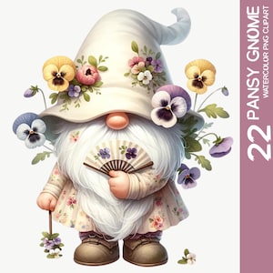 Aquarell verzauberte Stiefmütterchen Blumenzwerg Clipart PNG - Frühlingszwerge mit Gartenblumen und Waldszenen, Sublimationsdesigns (2)