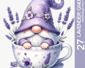 May include: A purple gnome with a white beard sits in a teacup with lavender flowers. The teacup has a white background with purple flowers and stars.