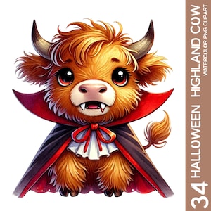 Paquete de 25 imágenes prediseñadas de vaca de las tierras altas de Halloween PNG, acuarela espeluznante, calabaza de Halloween, diseño de sublimación de vacaciones de otoño, calcomanía de arte de pared
