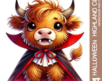 Halloween Highland Cow Clipart: Spooky Watercolor Pumpkin Designs (PNG)