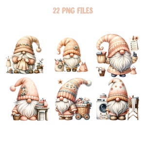 May include: Six illustrations of gnomes in various poses, each with a different theme related to household chores. The gnomes are wearing pink and white hats and have white beards. The themes include sewing, laundry, and cleaning.