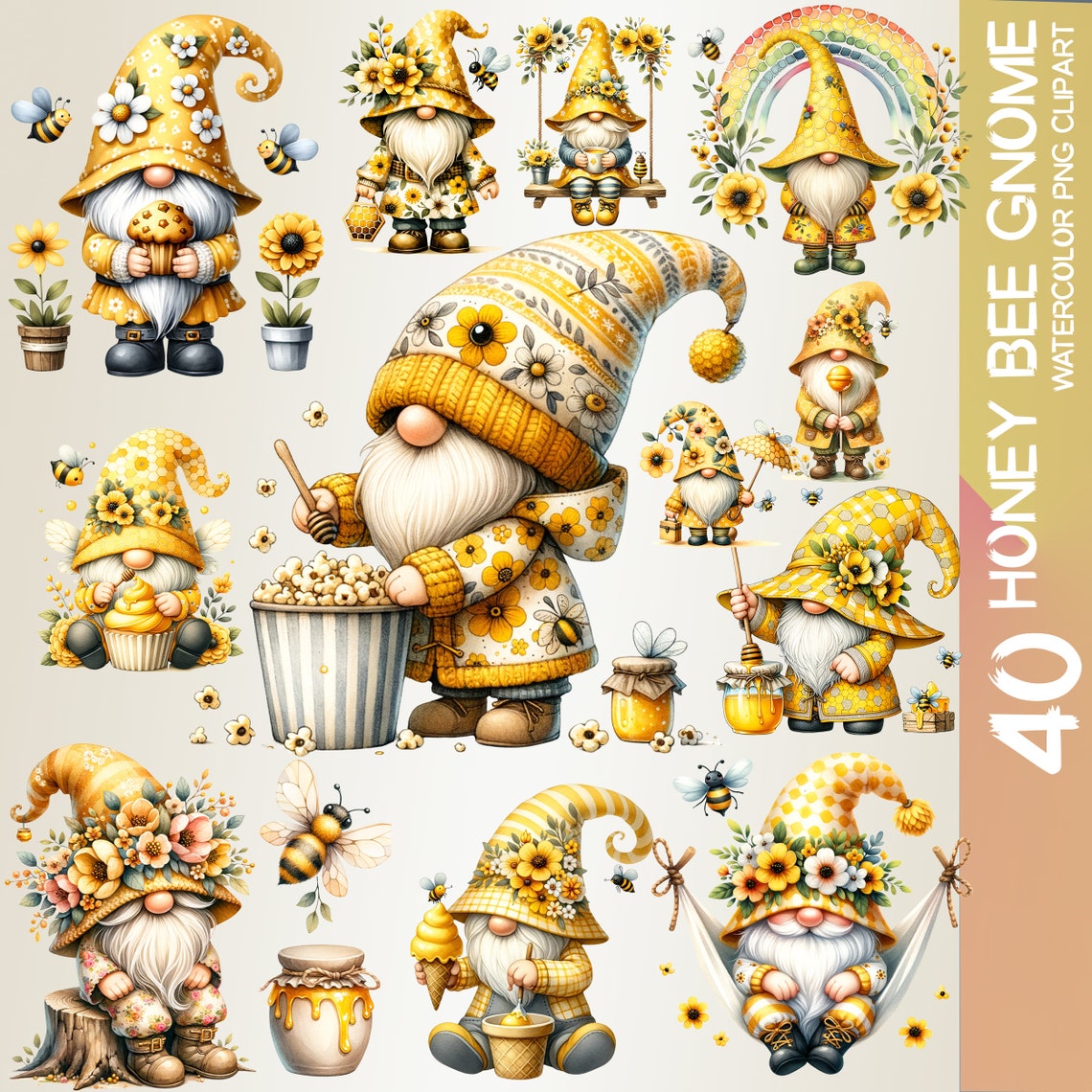 40 Flower Honey Bee Garden Gnome Clipart: Watercolor Flower Gnomes With ...