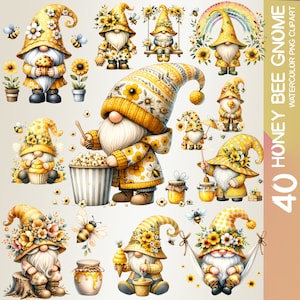 40 Gnomos de jardín con abejas y flores: gnomos de flores de acuarela con abejas: primavera, jardineros y diseños de sublimación, decoración de guardería