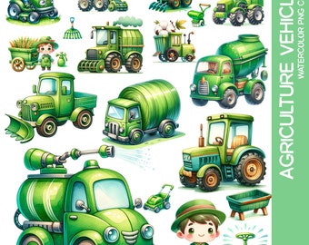 Clipart aquarel boerderijvoertuig: tractor, oogstmachine, sproeier (digitale download)