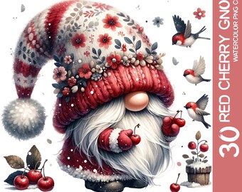 Red Cherry Gnome Clipart Bundle: Watercolor Summer Gnomes (PNG)
