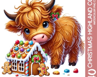 Watercolor Christmas Highland Cow Clipart: Festive PNG Files