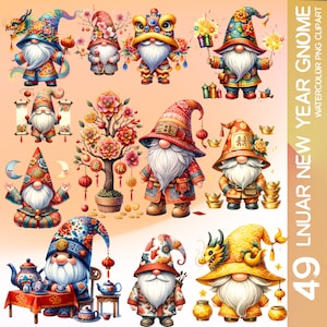49 Imágenes prediseñadas de gnomos de Año Nuevo Lunar PNG: Gnomos caprichosos para diseños de festividades alegres Ilustraciones imprimibles, pegatinas PNG, decoración de vivero de gnomos