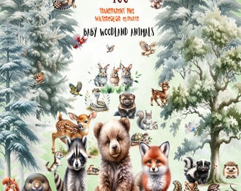 Watercolor Woodland Baby Animals Clipart: Nursery Decor (PNG Format)