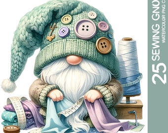 May include: A gnome wearing a green knitted hat with buttons and a brown sweater is sewing with a spool of thread and fabric scraps. The gnome is holding a piece of blue fabric with a measuring tape.