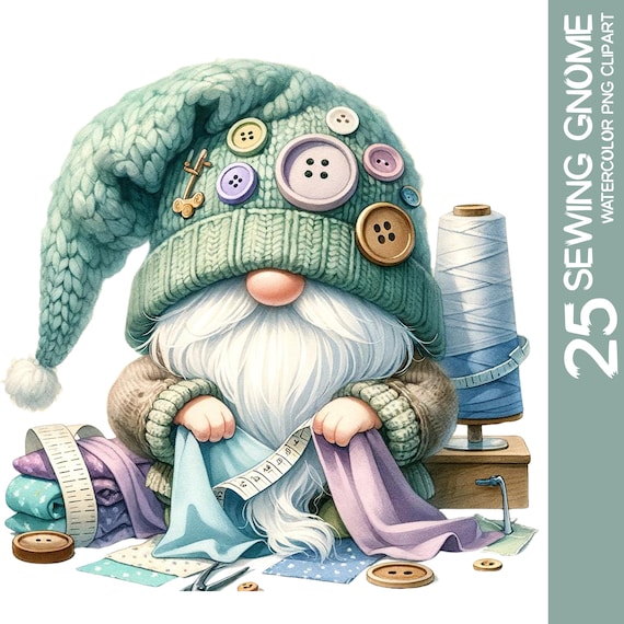 Sewing Gnome Clipart Bundle: Watercolor Craft Graphics (PNG)