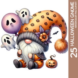 Paquete de 25 imágenes prediseñadas de gnomos de Halloween PNG, acuarela de gnomos espeluznantes, gnomos de calabaza de Halloween, diseño de sublimación de vacaciones de otoño, calcomanías de arte de pared
