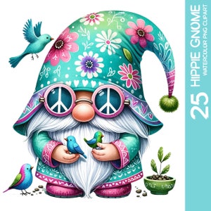 25 Enchanted Hippie Gnome Clipart Bundle - Whimsical Watercolor Peace Gnome Nursery, Wall Art Sticker PNG, Peaceful Gnome Sublimation Design
