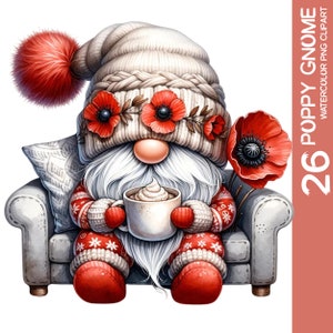 Charming Watercolor Poppy Remembrance Gnome Clipart PNG Valentine's Mother's Day Garden Flower, Woodland Spring Delight Sublimation (3)