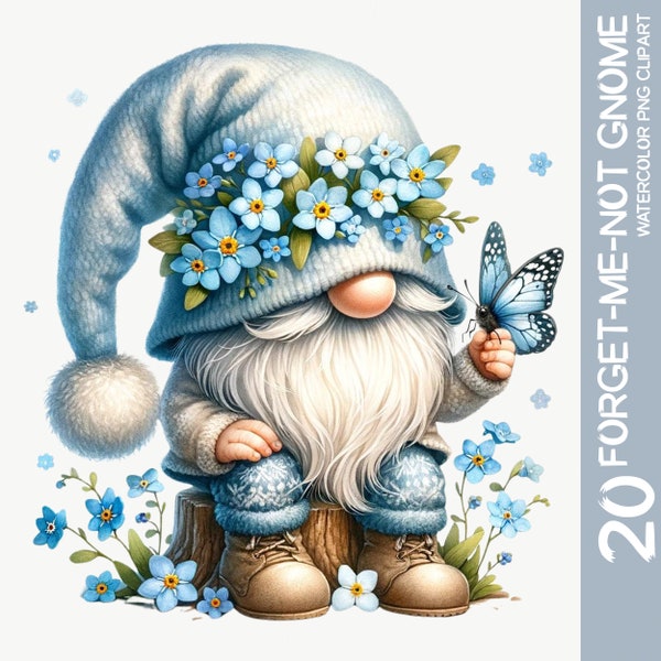 Watercolor Forget-me-not Gnome Clipart: 20 PNG for Mother's Day, Floral Gnome Graphics Set, Valentine Theme, Nursery Décor