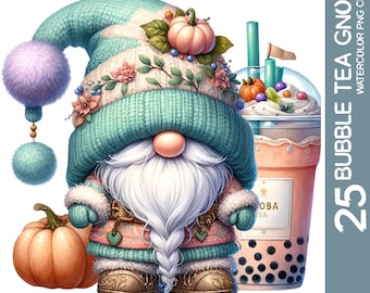 Watercolor Bubble Tea Gnomes Clipart Bundle: Nursery PNG (Digital Download)