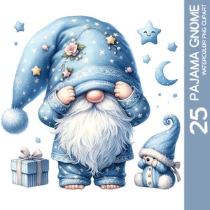 May include: A blue gnome wearing a blue and white star patterned pajama set and a matching hat, covering its face with its hands. The gnome is standing next to a smaller blue gnome wearing a similar pajama set. The background is white with blue stars and a crescent moon.