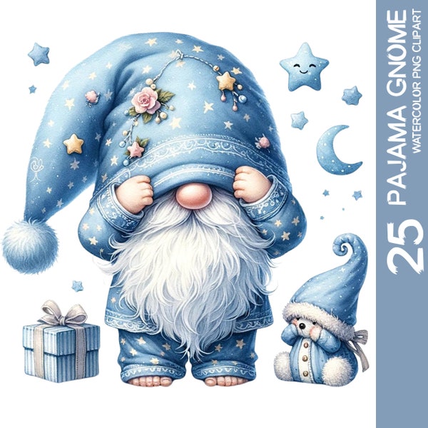 25 Whimsical Watercolor Blue Pajamas Gnome Clipart Bundle - PNG, Ideal for Nursery Decor, Sublimation, Adorable Bedtime Gnome Lovers (1)