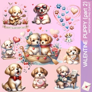 32 Valentine's Day Puppy Love Watercolor Clipart Collection, Valentine PNG, Valentine Clipart, Adorable Dog Graphic Love Day, Cute Puppy PNG
