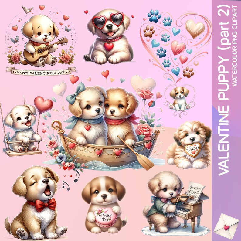 32 Valentine's Day Puppy Love Watercolor Clipart Collection, Valentine ...