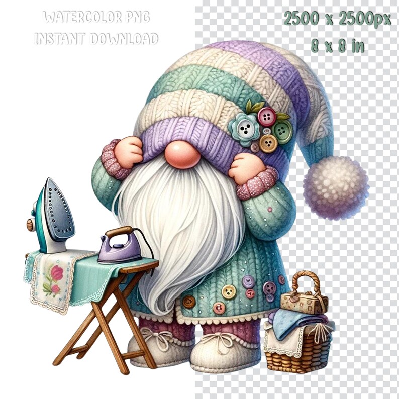 K&ouml;nnte beinhalten: Eine Aquarellillustration eines Zwergs, der einen lila und gr&uuml;n gestreiften Hut mit Bommel und einen blauen Pullover mit Kn&ouml;pfen tr&auml;gt. Der Zwerg h&auml;lt den Hut vor sein Gesicht und steht neben einem B&uuml;gelbrett mit einem B&uuml;geleisen darauf. Neben dem Zwerg steht ein Korb mit W&auml;sche.