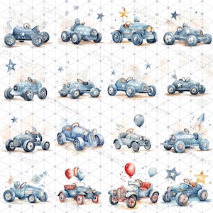 Op de afbeelding: Een set van 12 aquarel illustraties van blauwe speelgoedauto's met verschillende details, waaronder sterren, ballonnen en vlaggen. De auto's zijn geschilderd in een vintage stijl en hebben een speelse uitstraling.