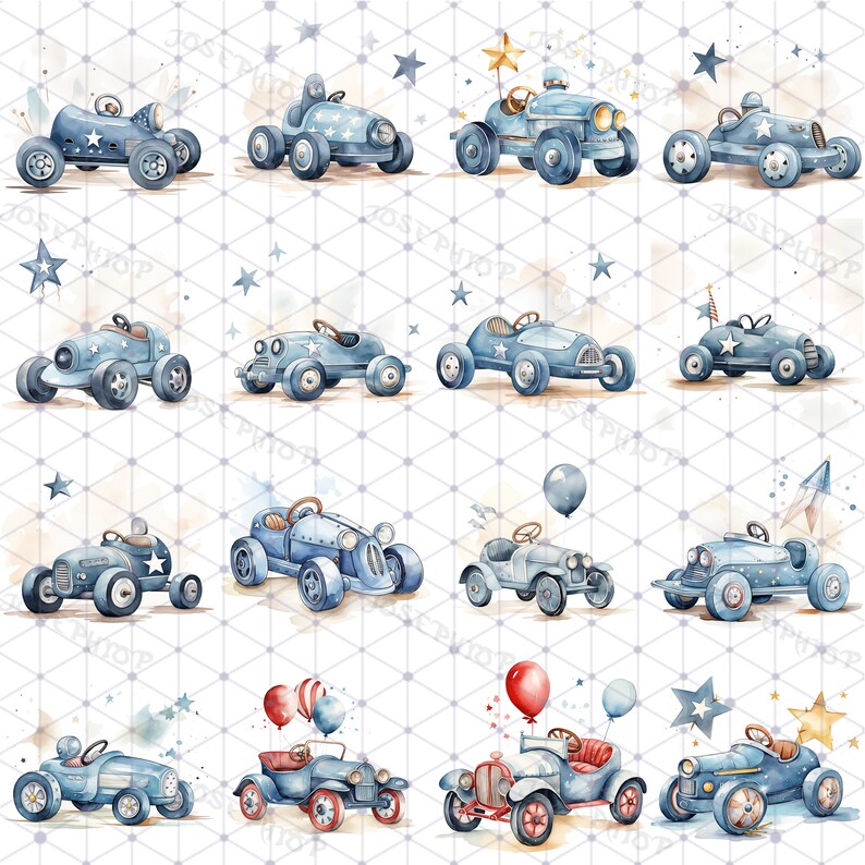 Op de afbeelding: Een set van 12 aquarel illustraties van blauwe speelgoedauto's met verschillende details, waaronder sterren, ballonnen en vlaggen. De auto's zijn geschilderd in een vintage stijl en hebben een speelse uitstraling.