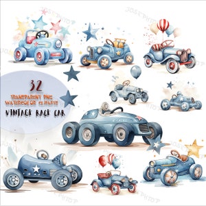 Vintage Race Car Watercolor Clipart PNG Format - 32 Delightful Illustrations for Nursery Decoration, Baby Shower, Themes Printable Artwork