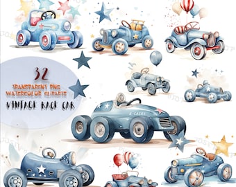 Aquarel clipart vintage raceauto: kinderkamerdecoratie (PNG, 32 illustraties)