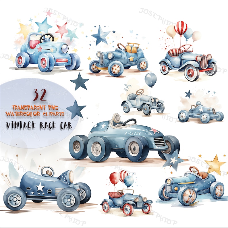 Op de afbeelding: Een set van 32 aquarel-clipart afbeeldingen van vintage raceauto's in blauw met rode accenten. De auto's zijn versierd met sterren en sommige hebben ballonnen. De tekst "32 TRANSPARENT PNG WATERCOLOR CLIPARTS VINTAGE RACE CAR" staat in het midden van de afbeelding.