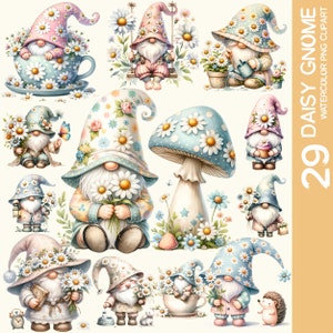 29 betoverende aquarel Daisy Gnome Clipart PNG-bundel - Garden Delight, lentekabouter, bloeiende bloemkabouter, zomersublimatieontwerp